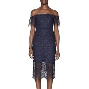 ML Monique Lhuillier Navy Off-Shoulder Lace Cocktail Dress Size 0 Fitted Midi